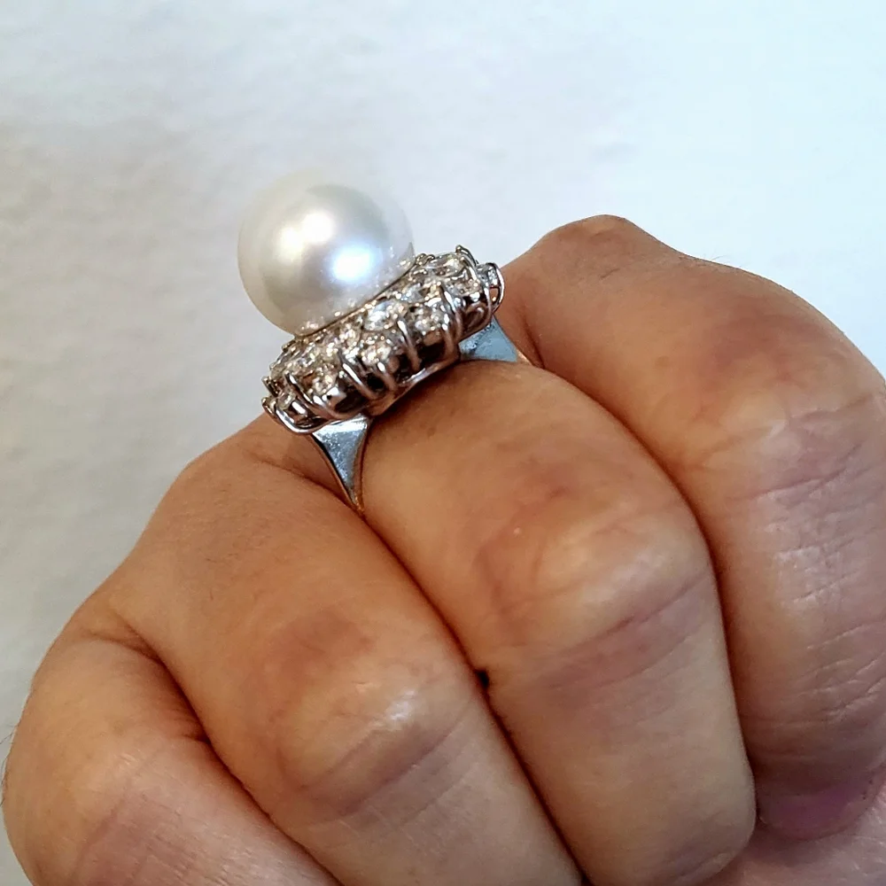 13mm white south sea pearl 14k yellow & white gold ring Sz6 Signity CZ halo - Picture 8 of 10
